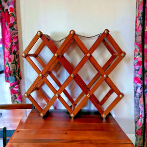 Vintage Wood Brass Accordion Collapsible Wine Towel Rack 10 Bottle 60s 70s